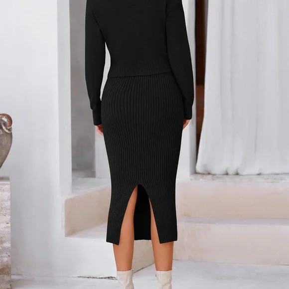 Elegant Black Ribbed Knit Dress with Cardigan - Picture 2 of 4